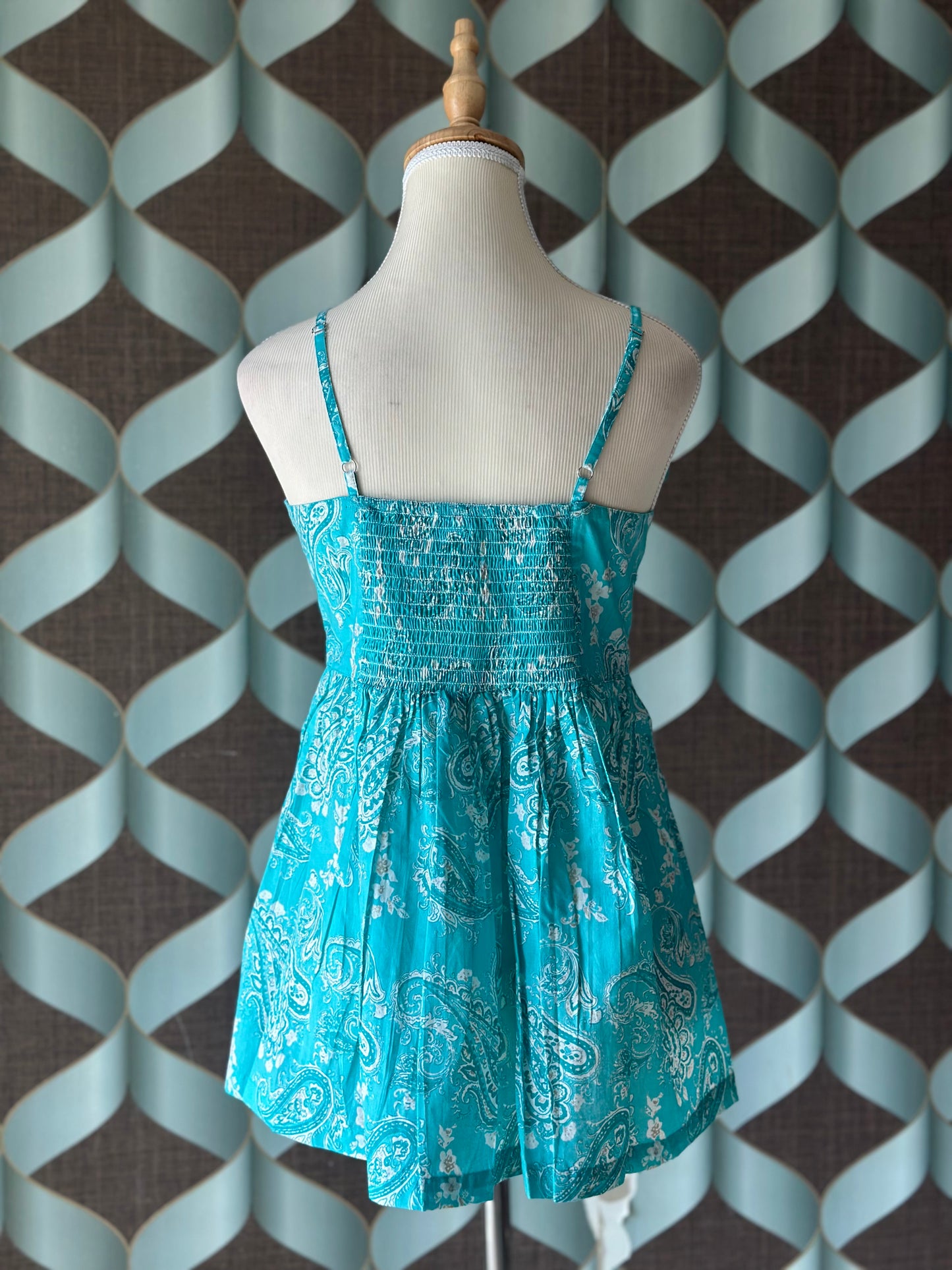Aqua Blue Printed Strap Smocked  Top