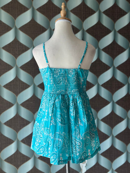 Aqua Blue Printed Strap Smocked  Top