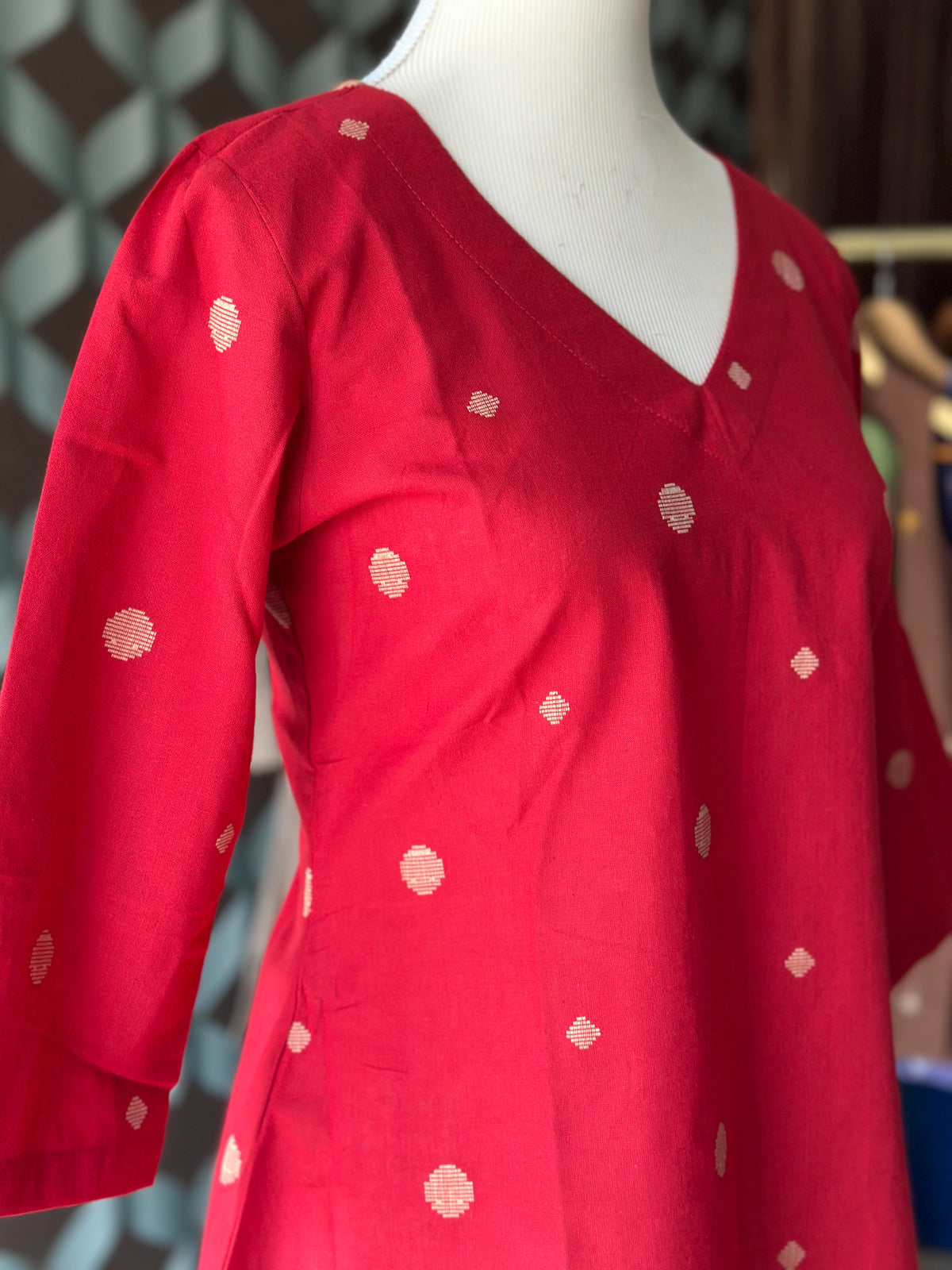 Ruby Red Handloom Cotton V-Neck Top