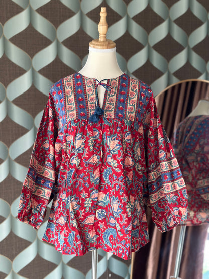 Red Floral Handblock Printed Boho Top