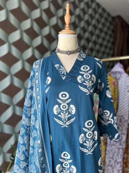 Teal Blue Cotton Suit Set