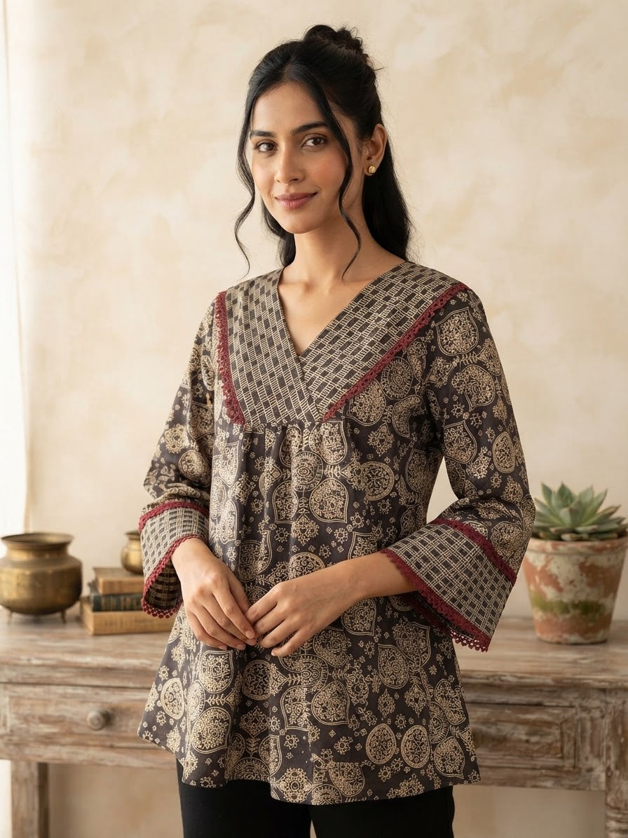Dark Brown Floral Cotton Top