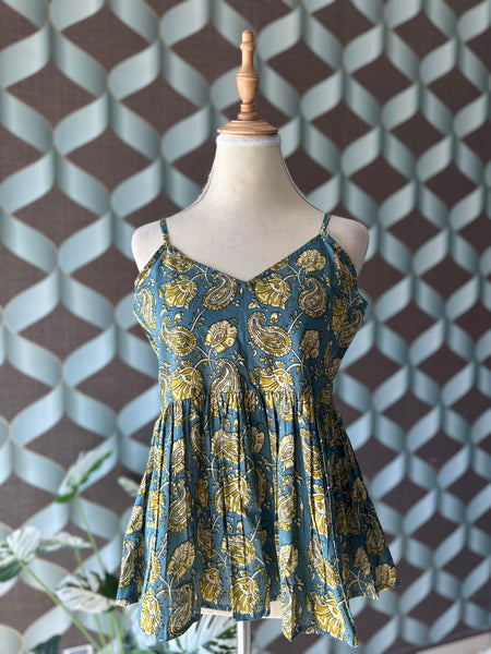 Paisley Teal Blue&Yellow Strap Top
