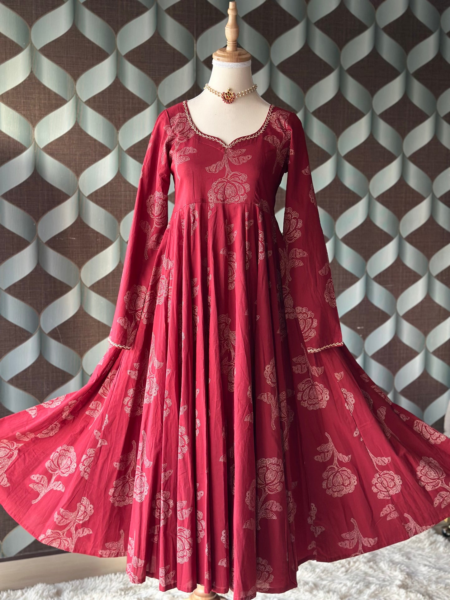 Maroon Red Rose Cotton Anarkali