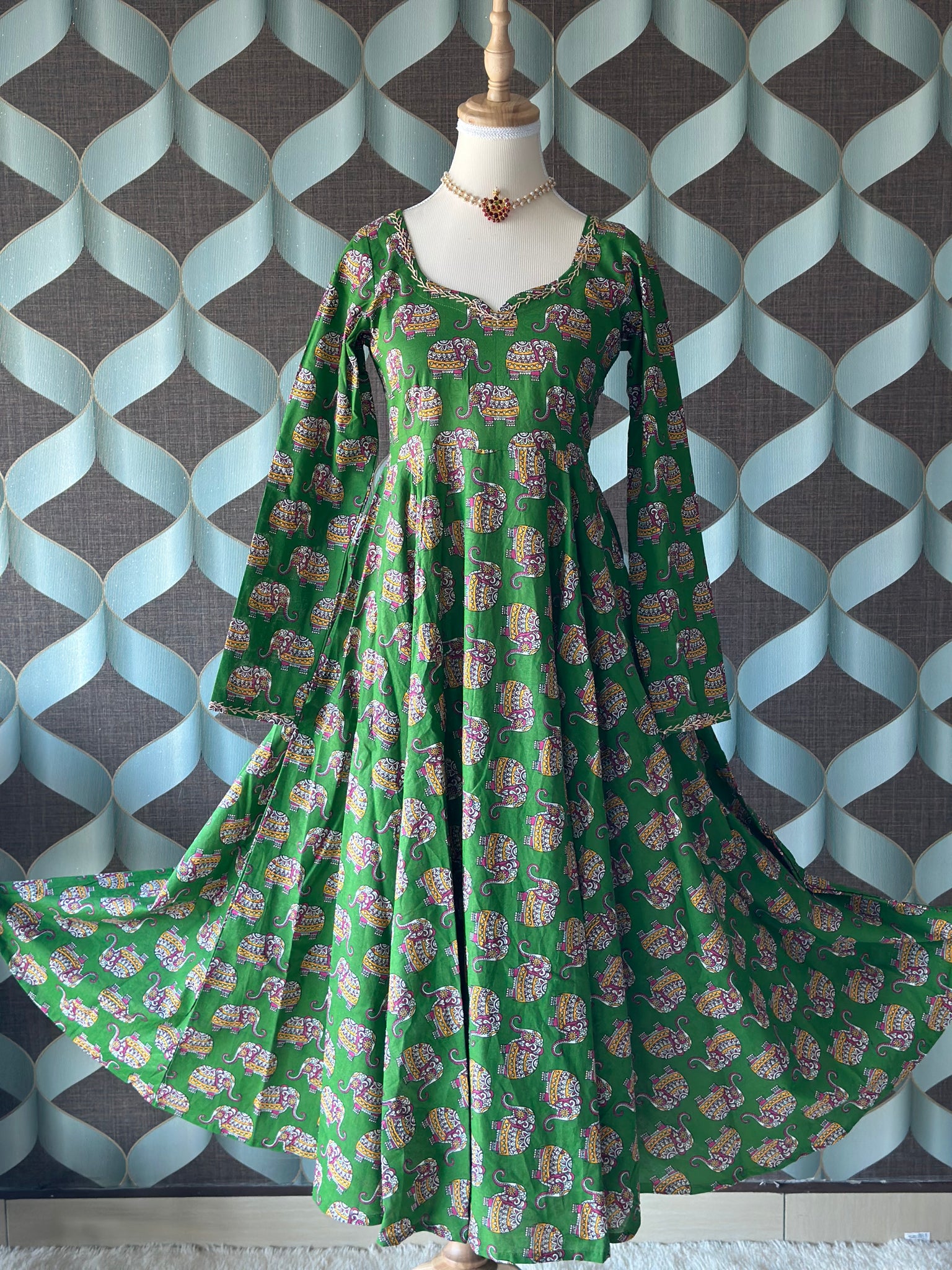 Green Cotton Elephant Anarkali