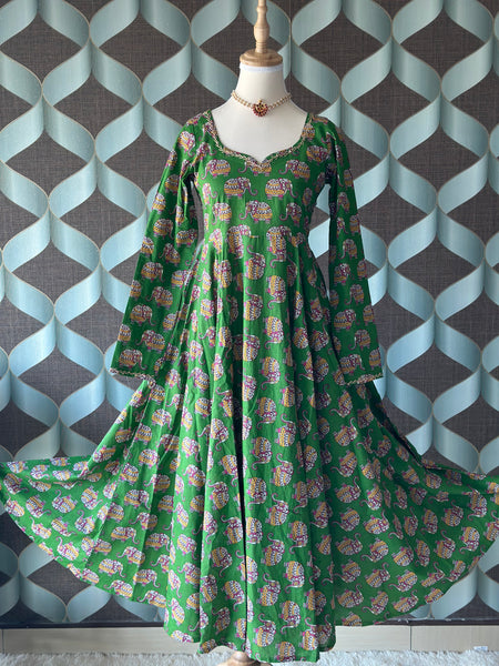 Green Cotton Elephant Anarkali
