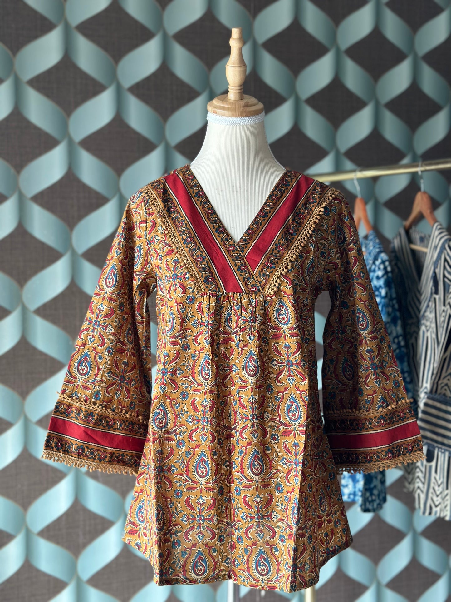 Mustard Kalamkari Cotton Short Top