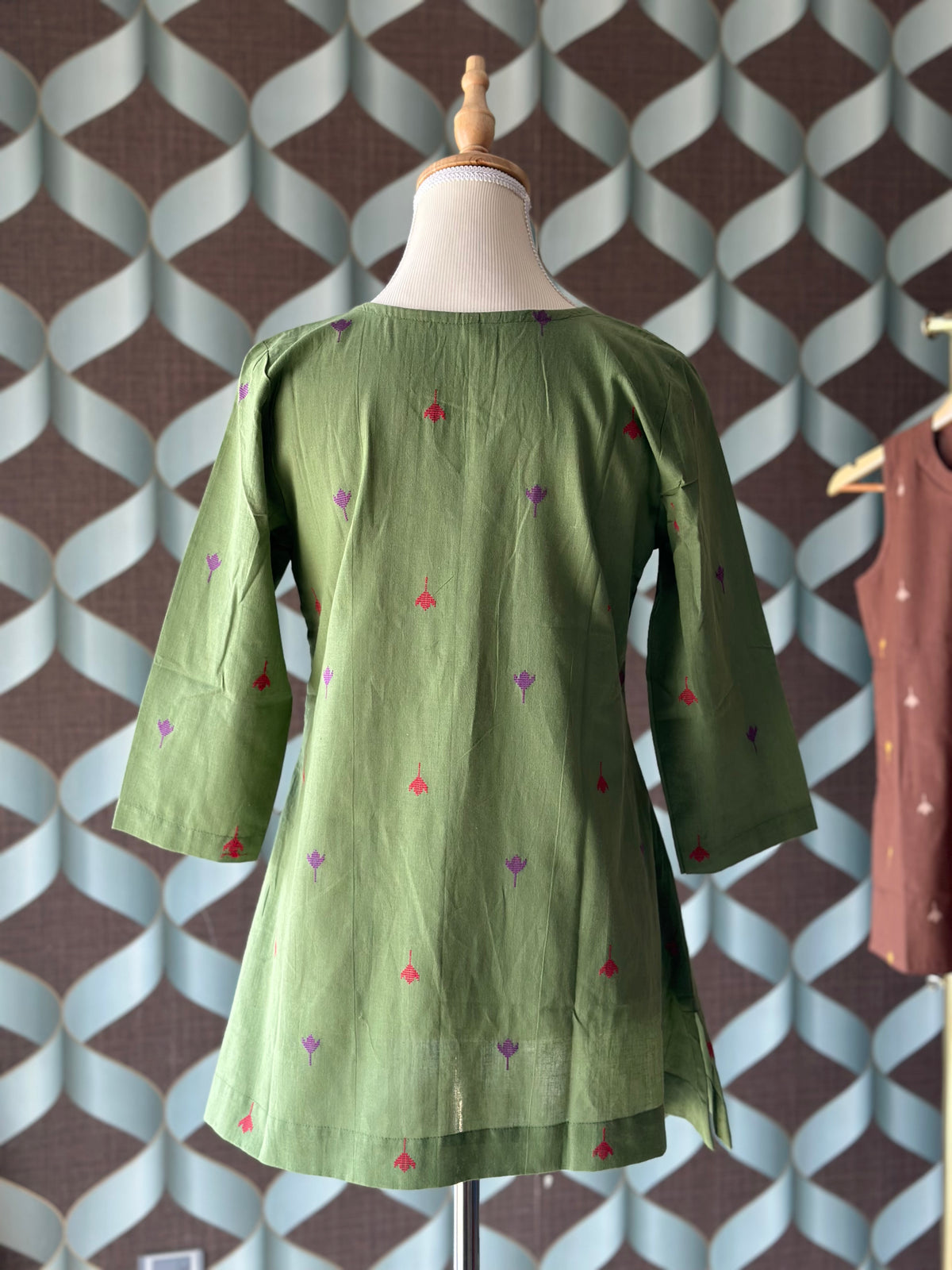 Olive Green Handloom Cotton V-Neck Top