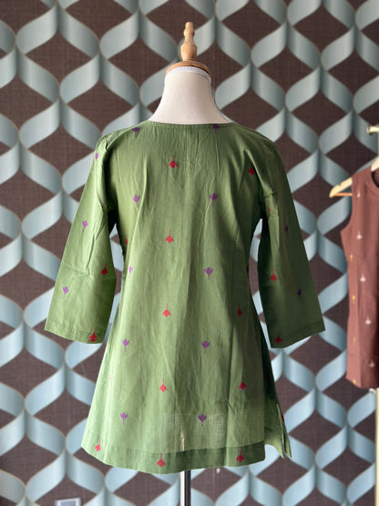 Olive Green Handloom Cotton V-Neck Top