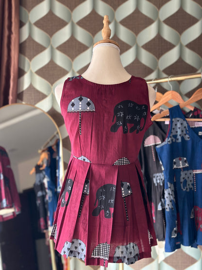 Burgundy Elephant Print Cotton Sleeveless Top