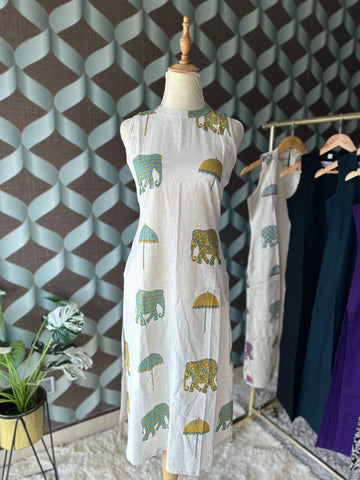 Jaipur Elephant&Umbrella Print Kurta Top(Green&Yellow)
