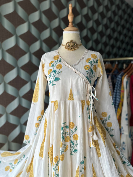Mul Cotton Yellow&Cream Anarkali