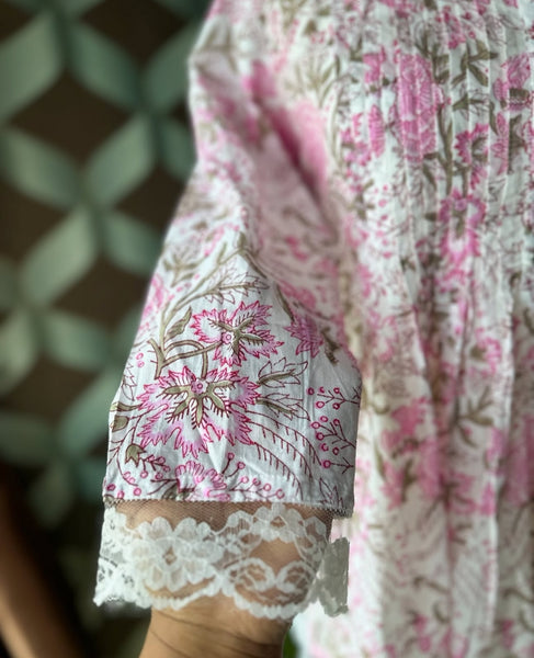 Pink Floral Print Cotton Peplum Top