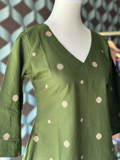 Forest Green Handloom Cotton V-Neck Top