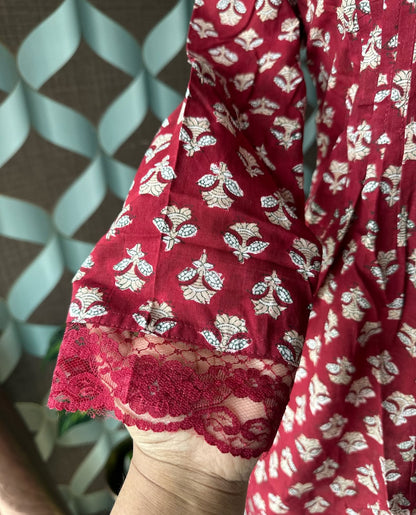 Maroon Floral Printed Cotton Peplum Top