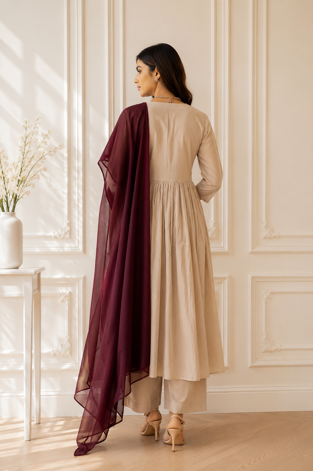 TANIKA Beige Pure Cotton Anarkali Set with Burgundy Mul Cotton Dupatta