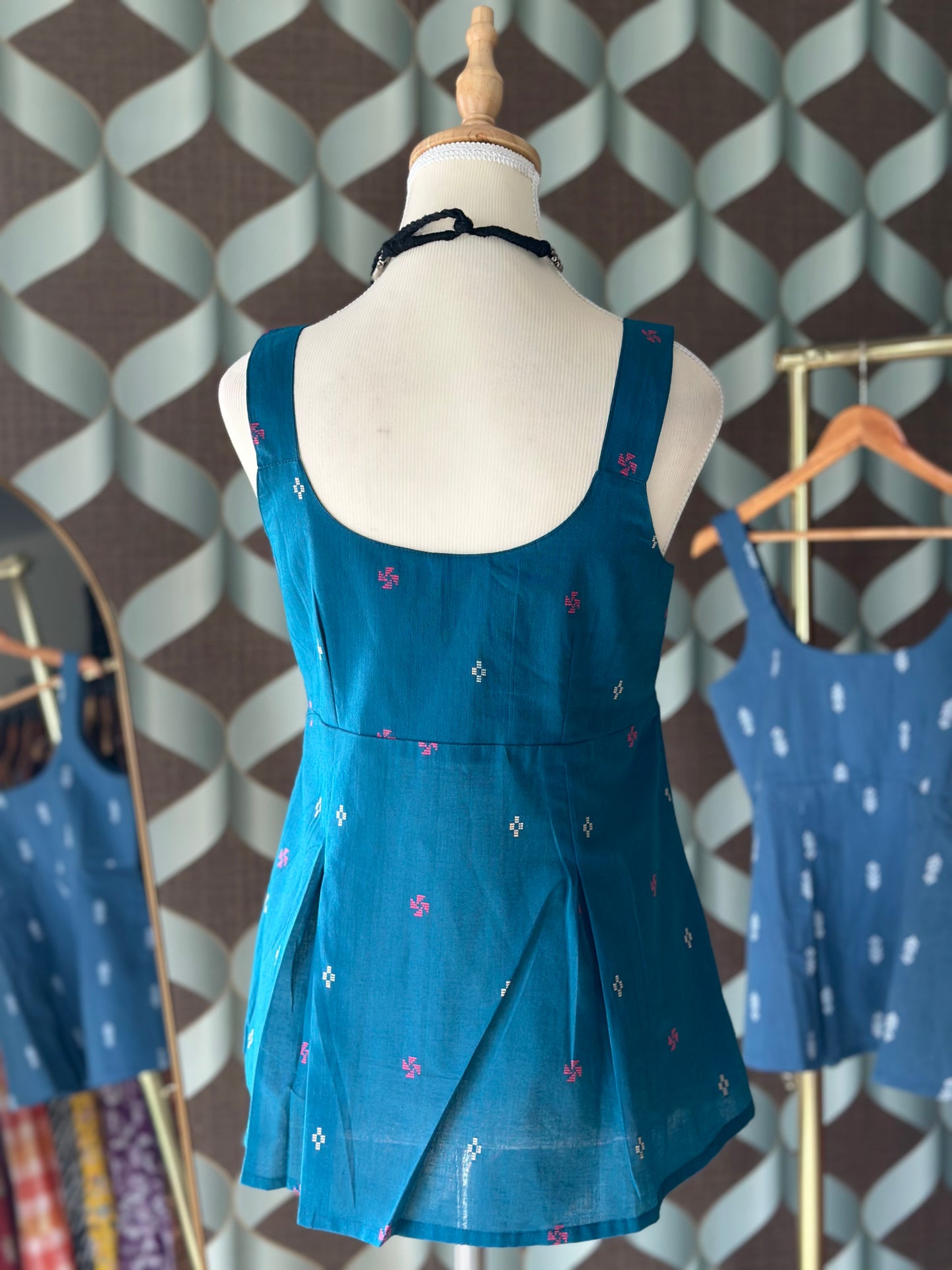 Sea Blue Handloom Cotton Strap Top