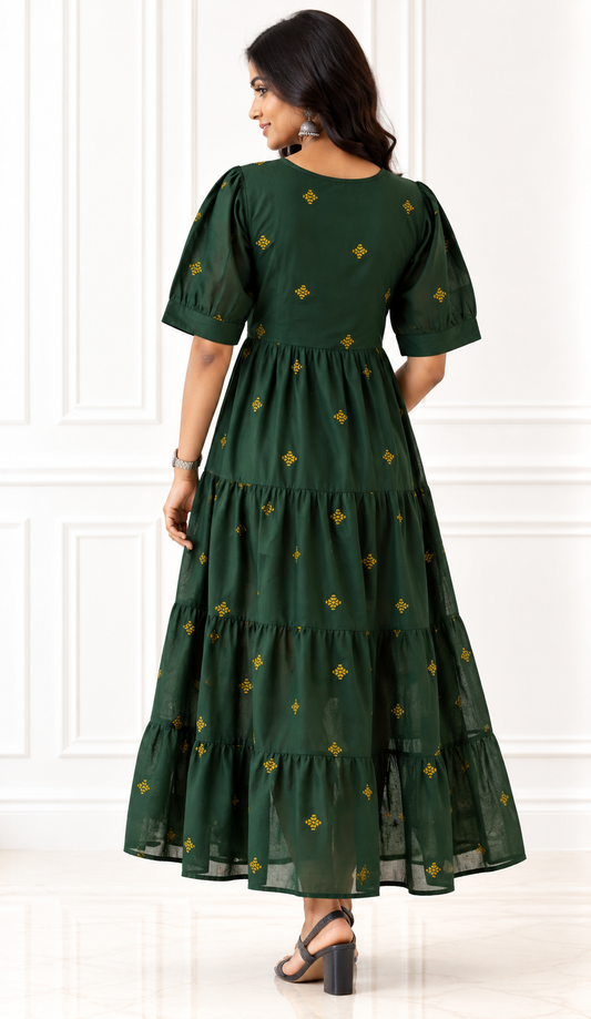 Bottle Green Handloom Cotton Tiered Midi Dress