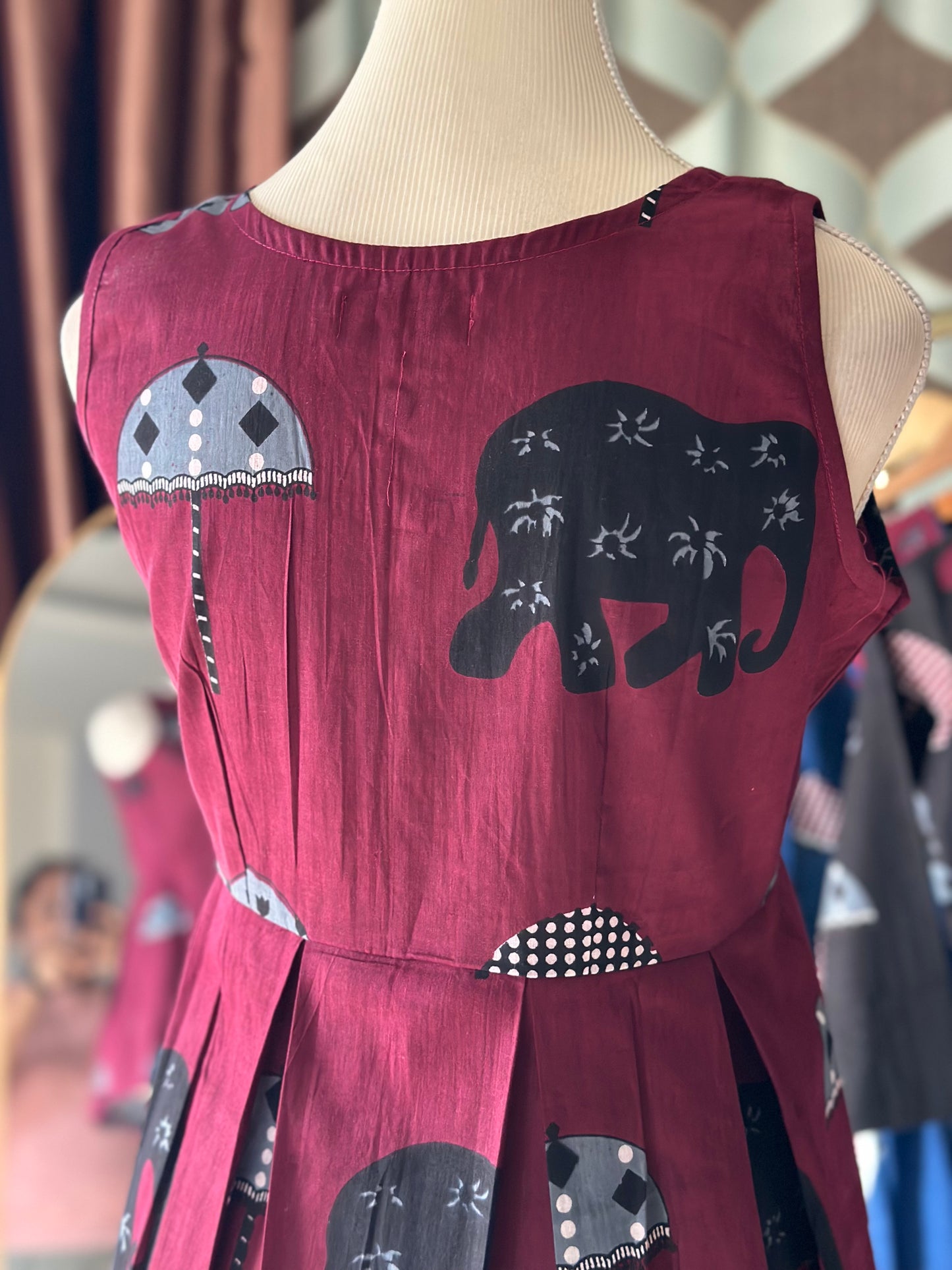 Burgundy Elephant Print Cotton Sleeveless Top