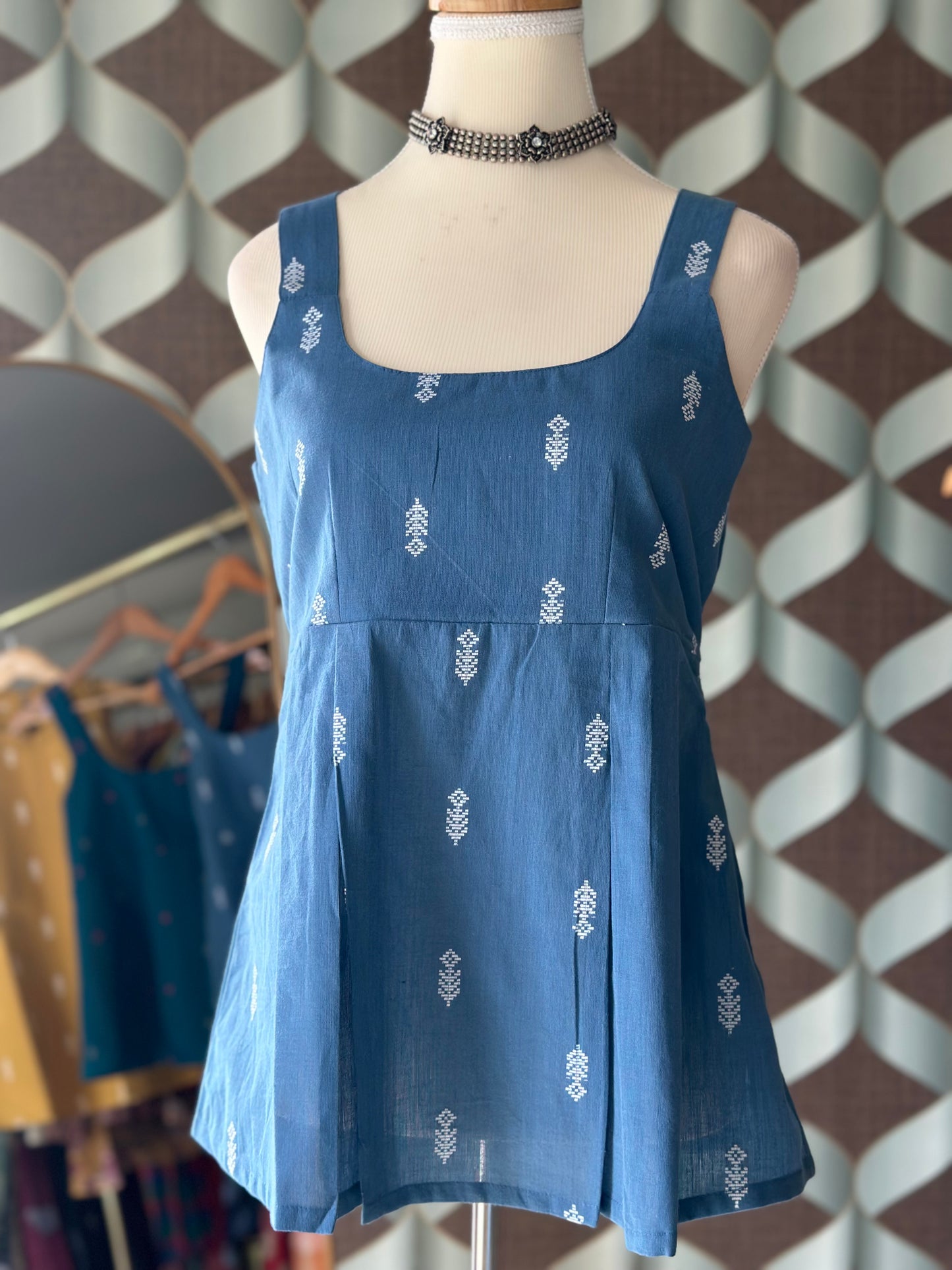 Denim Blue Handloom Cotton Strap Top