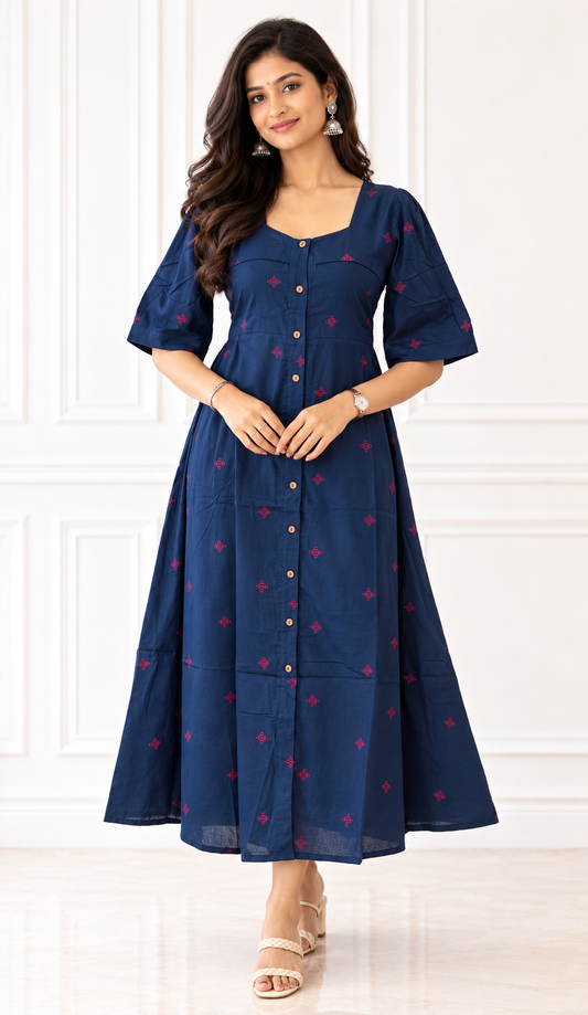 Navy Blue Handloom Cotton A-Line Midi Dress