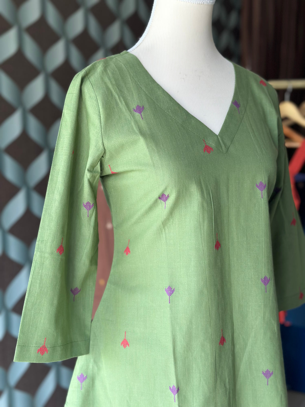 Olive Green Handloom Cotton V-Neck Top