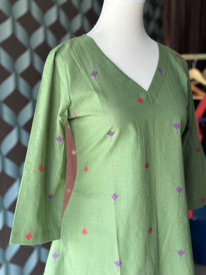 Olive Green Handloom Cotton V-Neck Top