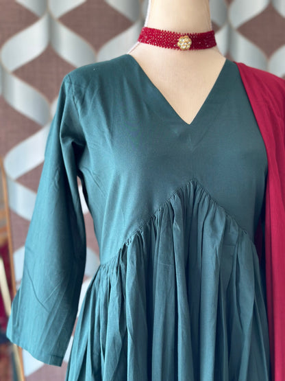 TANIKA Dark Green Pure Cotton Anarkali Set with Red Mul Cotton Dupatta