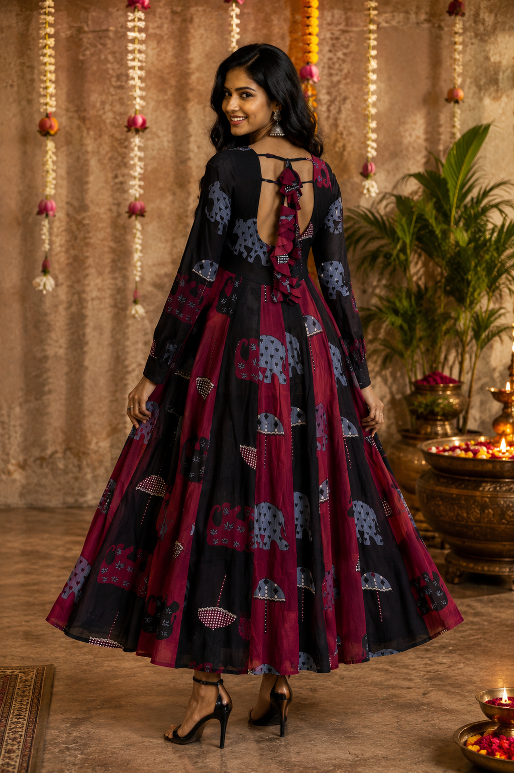 Elephant Print Cotton Anarkali Dress – Black & Burgundy