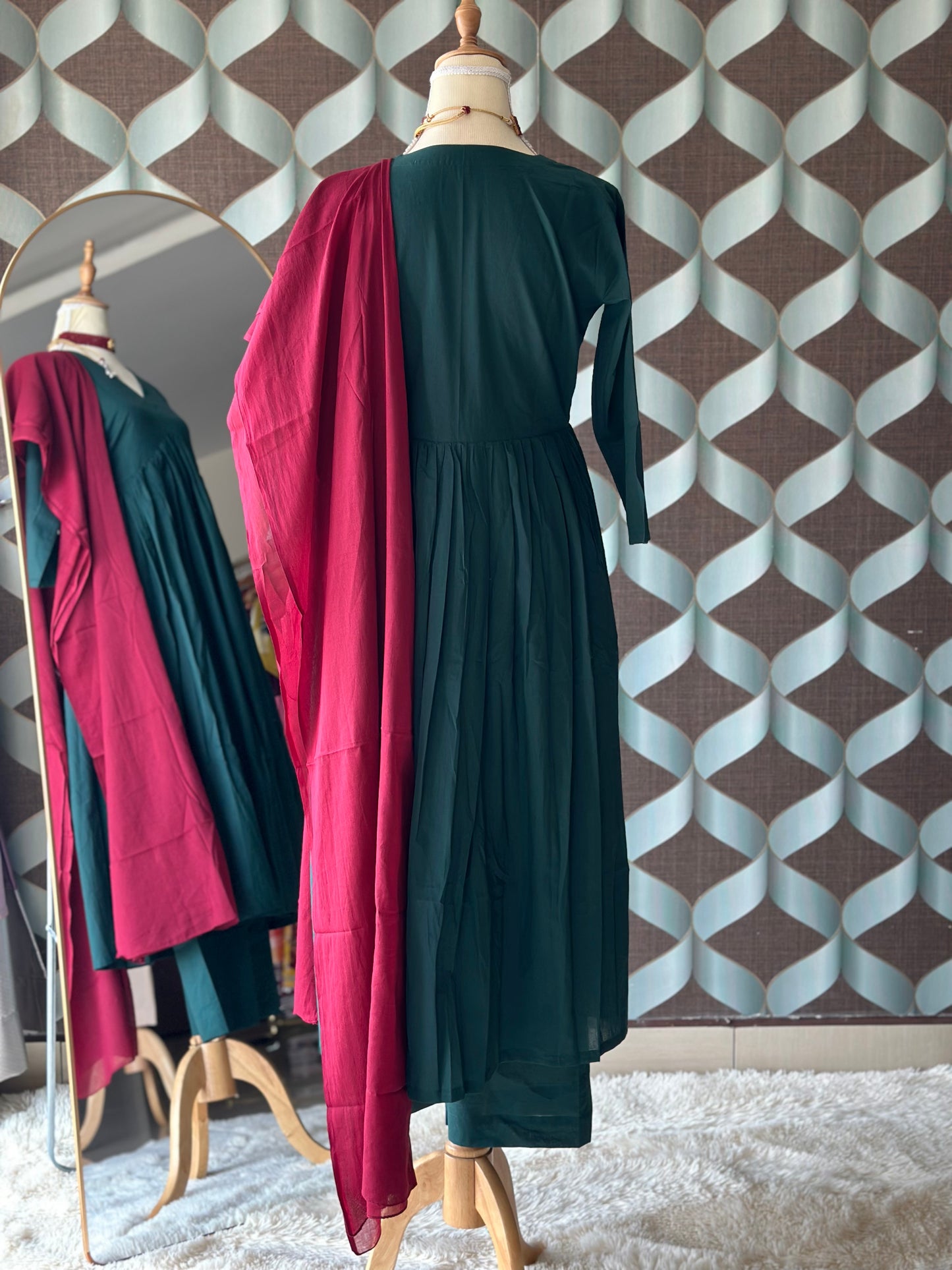 TANIKA Dark Green Pure Cotton Anarkali Set with Red Mul Cotton Dupatta