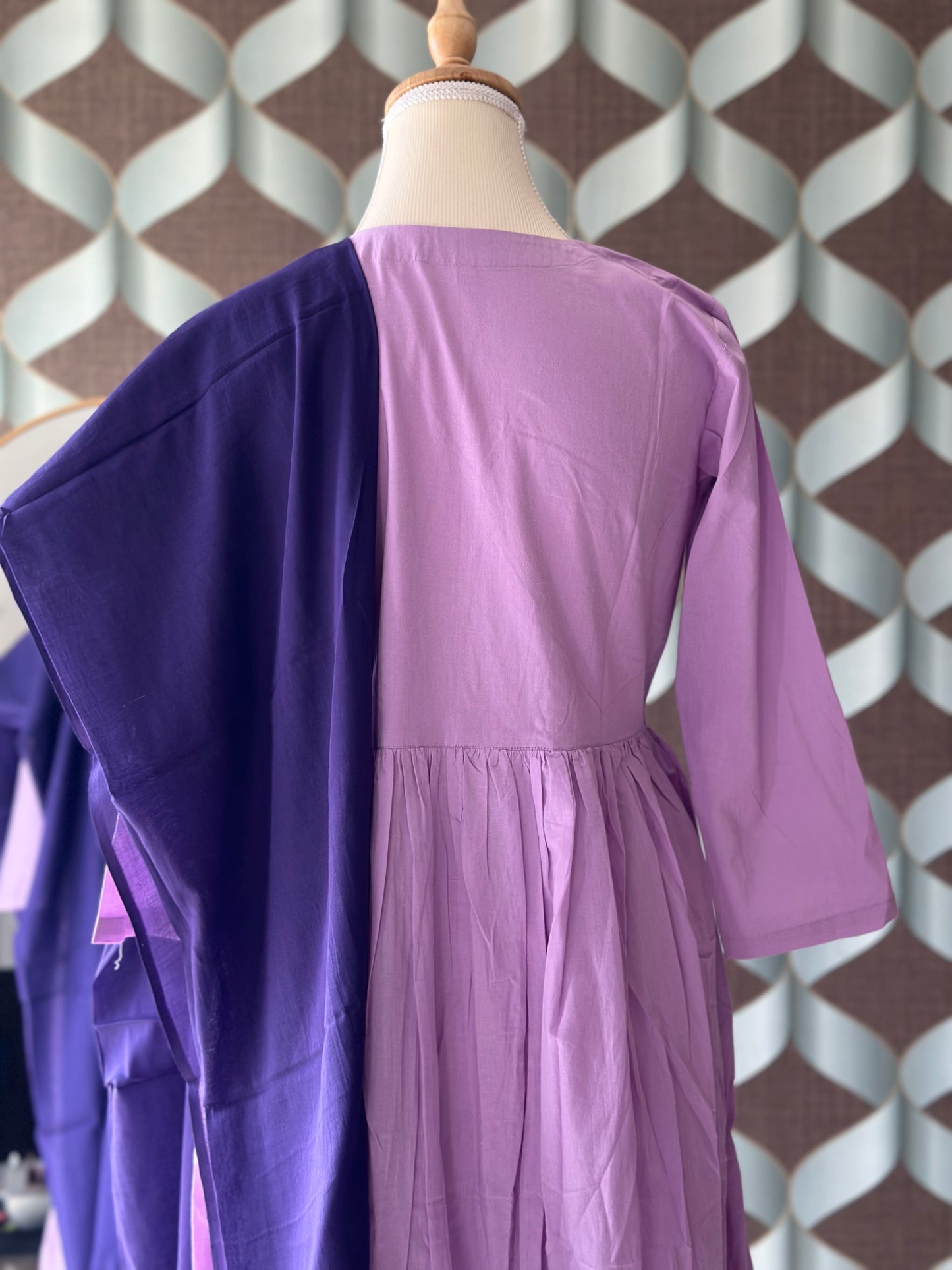 TANIKA Lavender Bliss Pure Cotton Anarkali Set with Blueberry Mul Cotton Dupatta