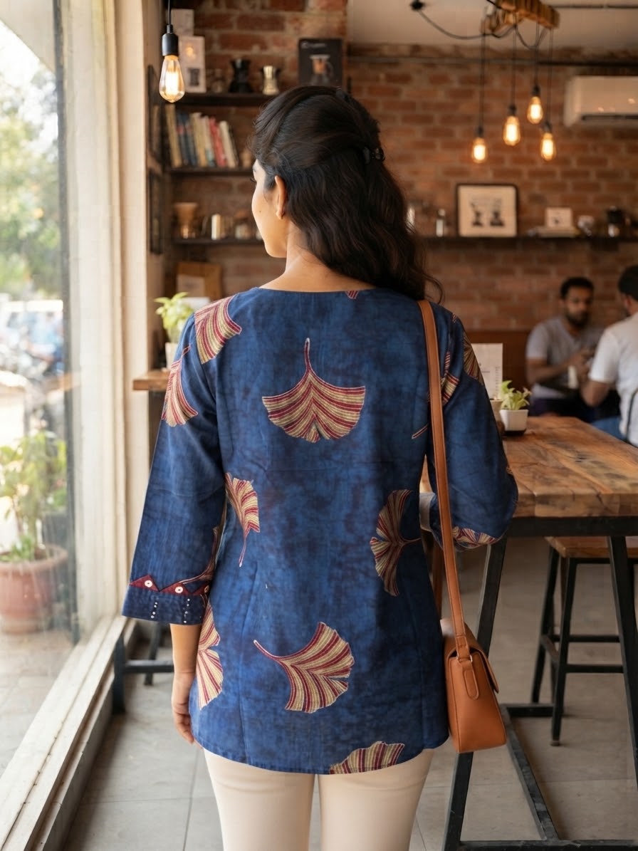 Berry Blue Printed Cotton Short Top