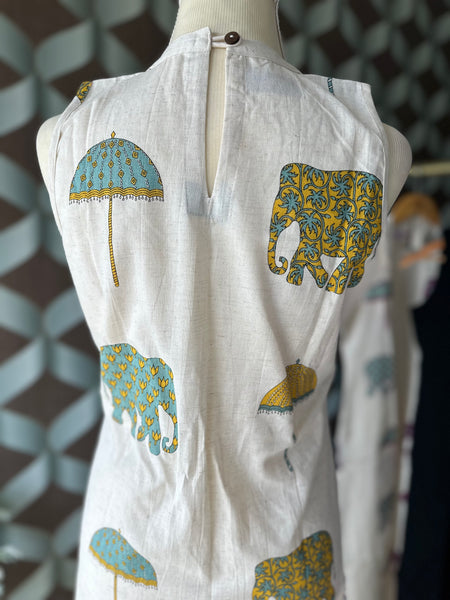 Jaipur Elephant&Umbrella Print Kurta Top(Green&Yellow)