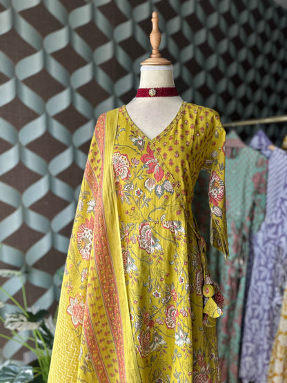Yellow Floral Cotton Anarkali Suit Set