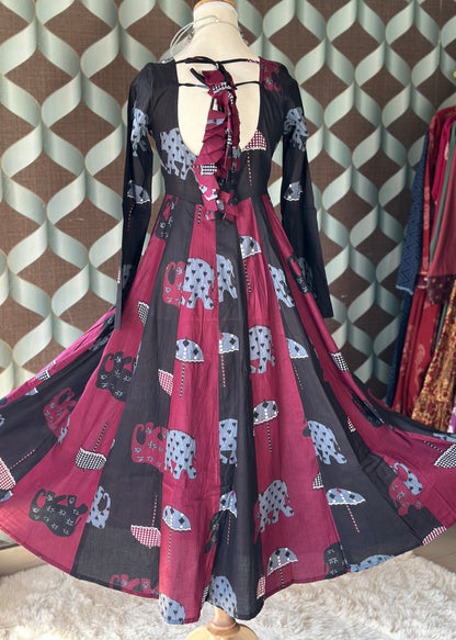 Elephant Print Cotton Anarkali Dress – Black & Burgundy
