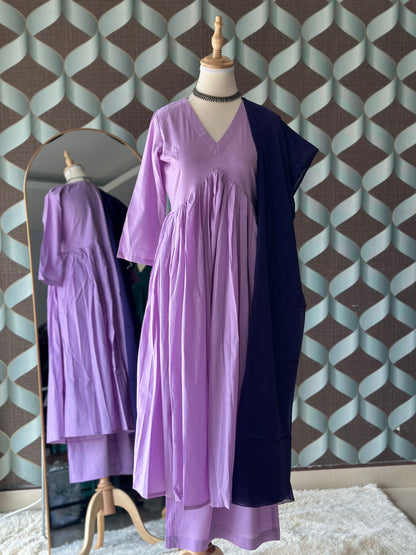 TANIKA Lavender Bliss Pure Cotton Anarkali Set with Blueberry Mul Cotton Dupatta