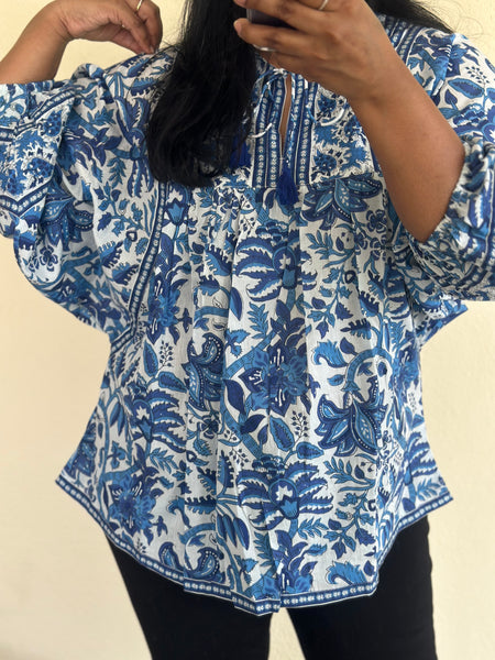 White and Blue Handblock Printed Boho Cotton Top