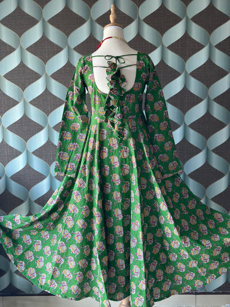 Green Cotton Elephant Anarkali