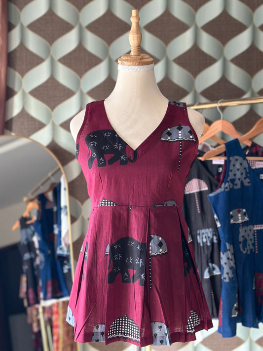 Burgundy Elephant Print Cotton Sleeveless Top