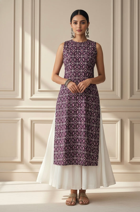 Purple & White Ikkat Halter Cotton Kurta