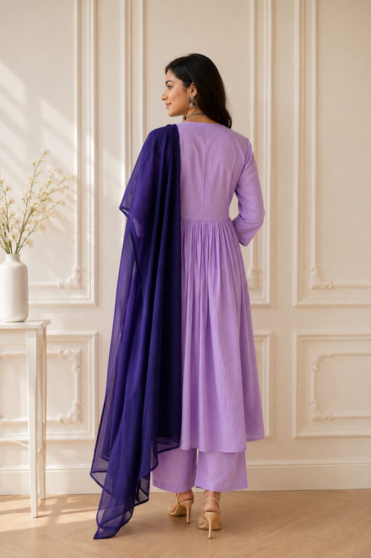 TANIKA Lavender Bliss Pure Cotton Anarkali Set with Blueberry Mul Cotton Dupatta