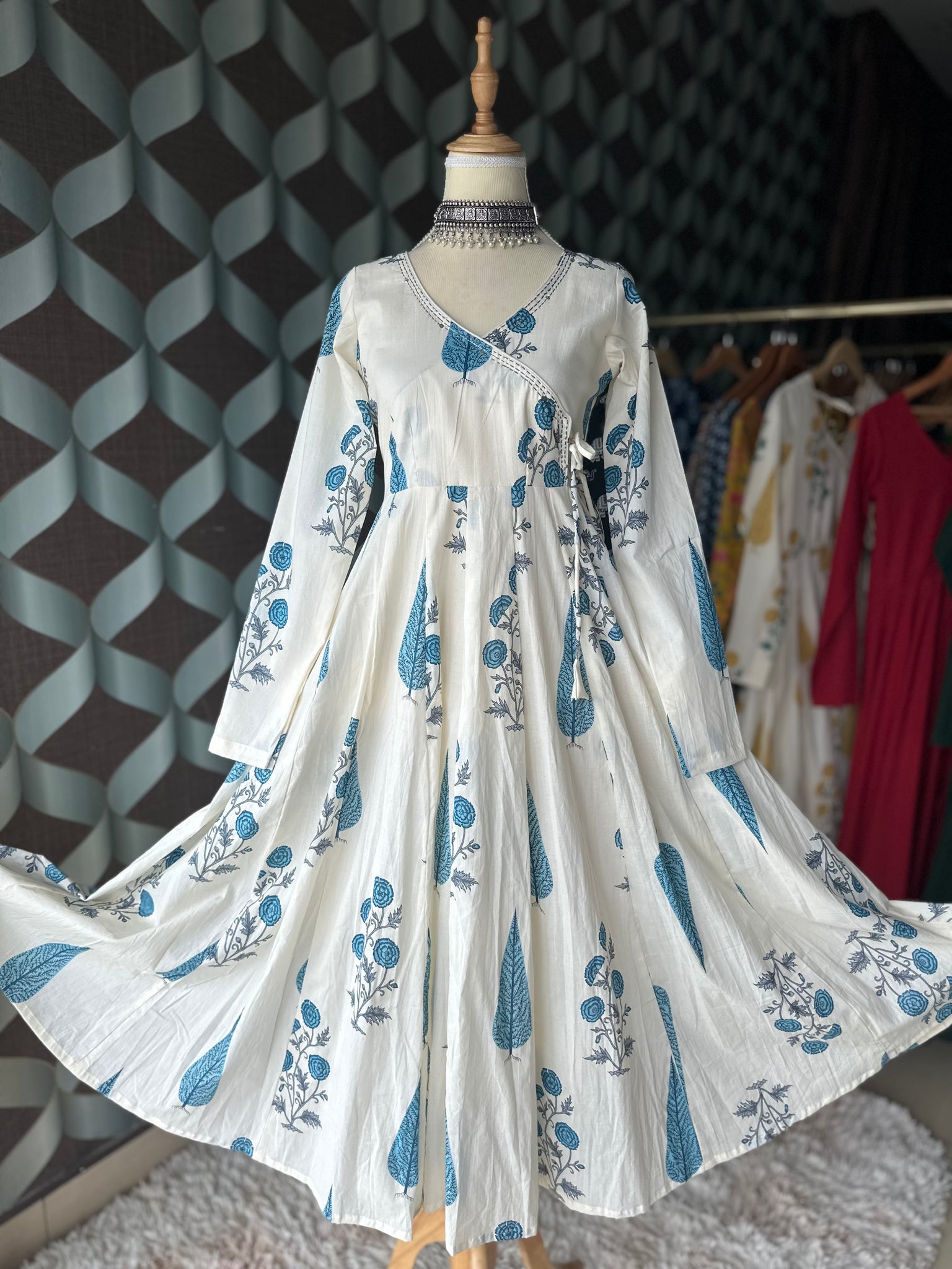 Mul Cotton Blue&Cream Anarkali