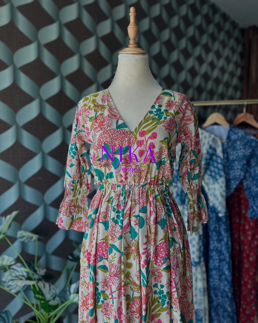 Cream Floral Cut-out Waist Dress