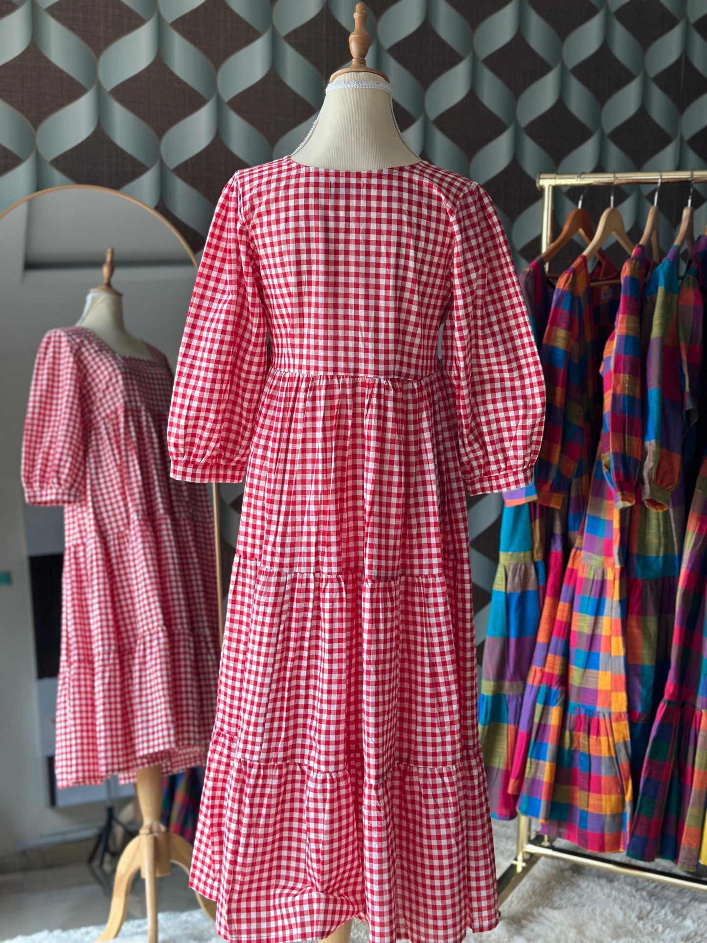 Red Gingham Midi Dress