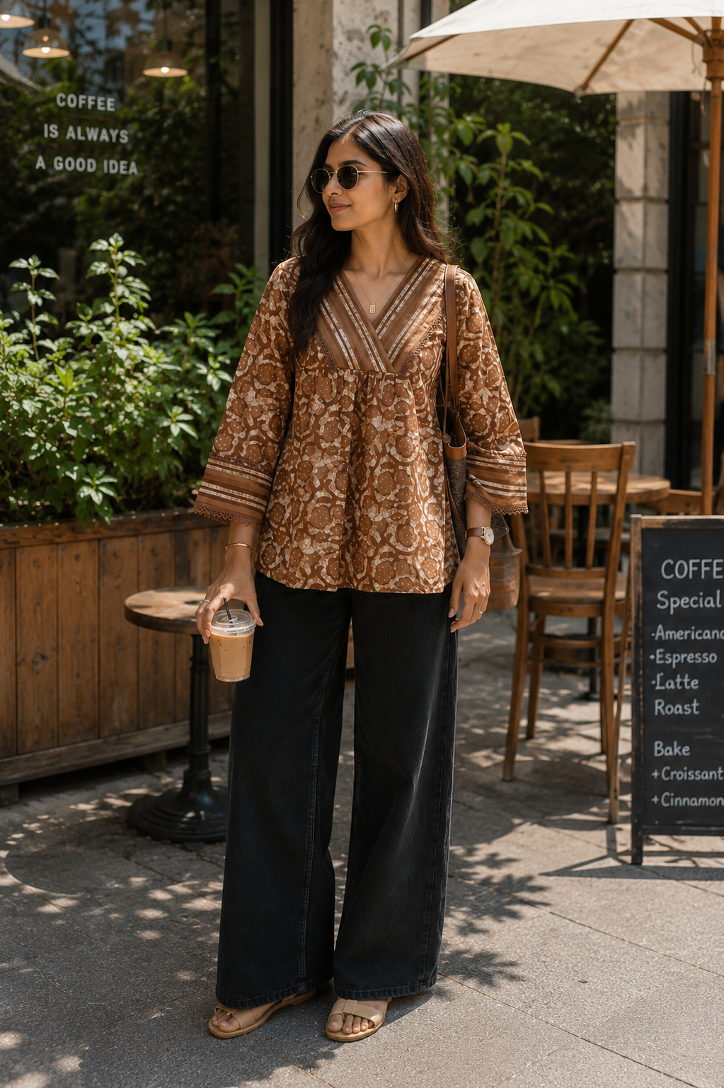 Caramel Floral Cotton Short Top