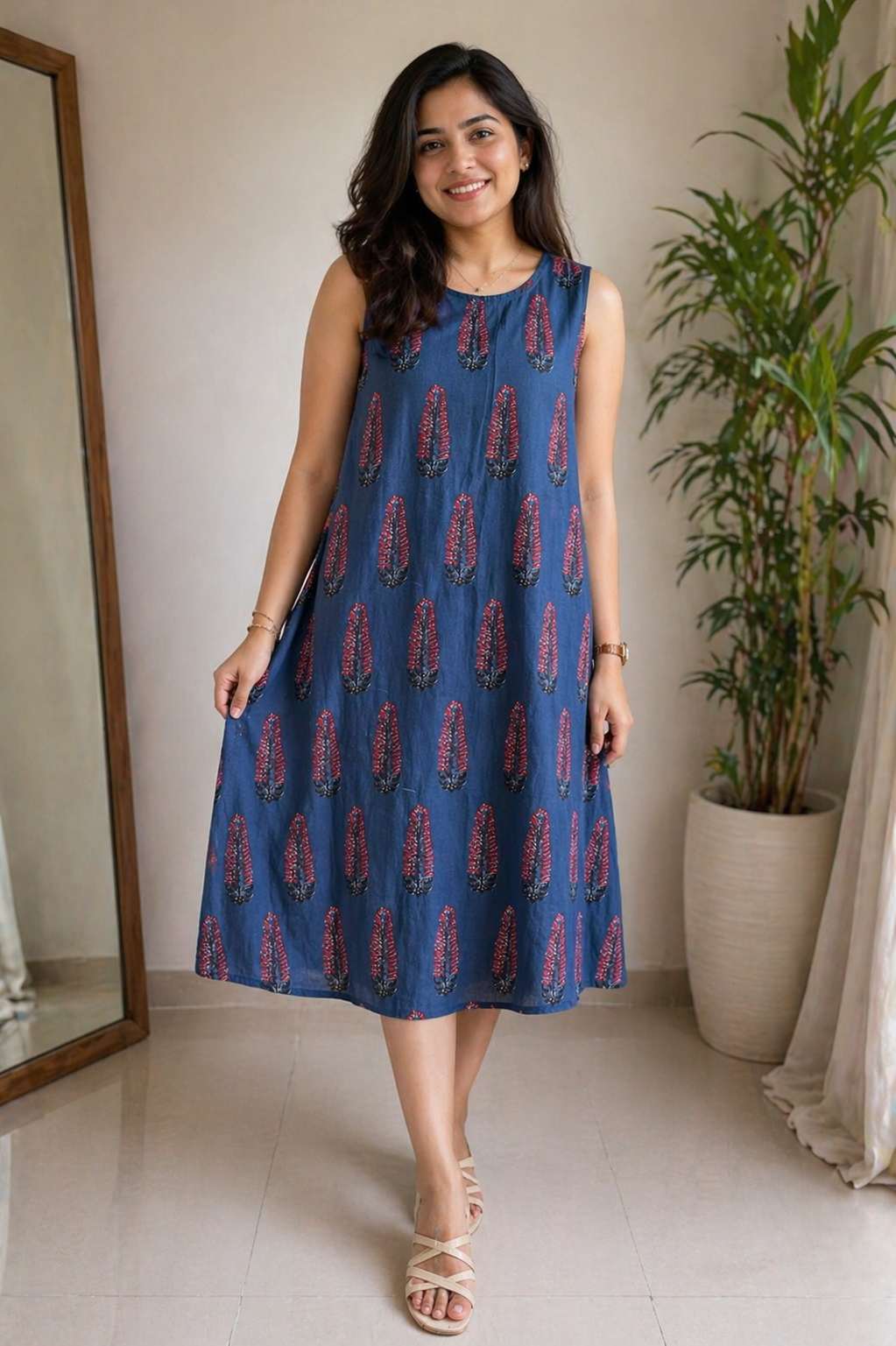 Dark Blue Cotton Sleeveless Dress