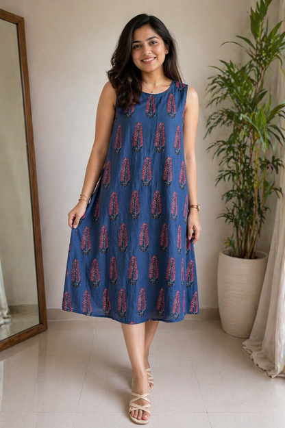 Dark Blue Cotton Sleeveless Dress