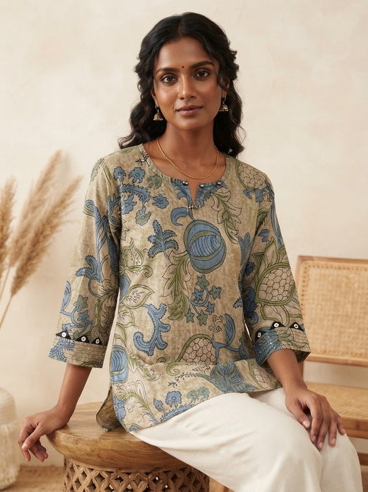 Olive Paisley Cotton Short Top