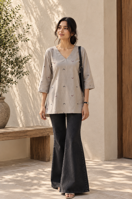 Khaki Beige Handloom Cotton V-Neck Top