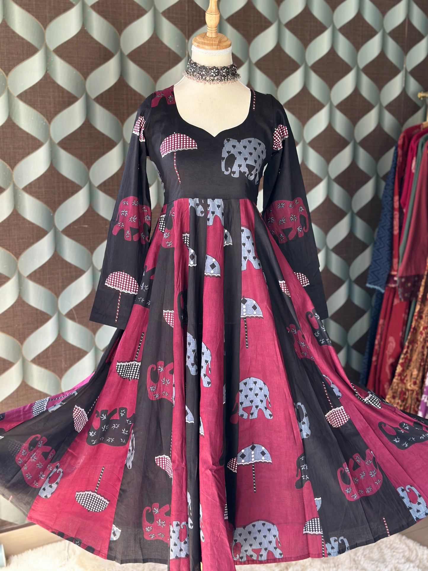 Elephant Print Cotton Anarkali Dress – Black & Burgundy